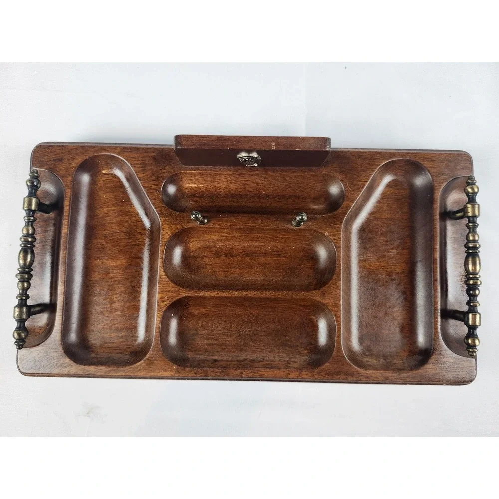 Swank Japan Wooden Valet Tray Organizer Brass Handles Trojan Head Catchall MCM